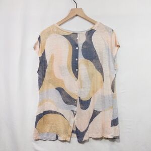 Rachel Zoe 100% Linen Artsy Top Womens XL Multicolor Boho Retro Coastal Tropical